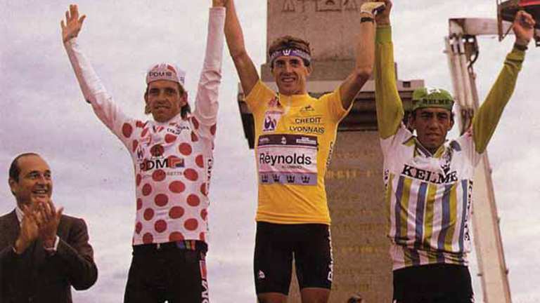 Podium del Tour de Francia del 88 con Delgado, Rooks y Parra